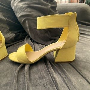 Yellow chunky ankle strap heels